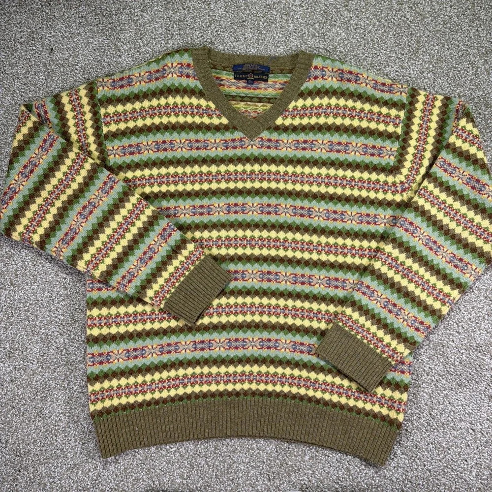 Tommy Hilfiger Lambswool V Neck Size XL Fair Isle Colorful Summer Essentials